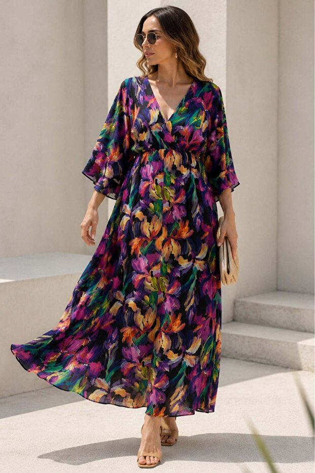 Purple Long V-Neck Patterned Women's Dress Mg2076