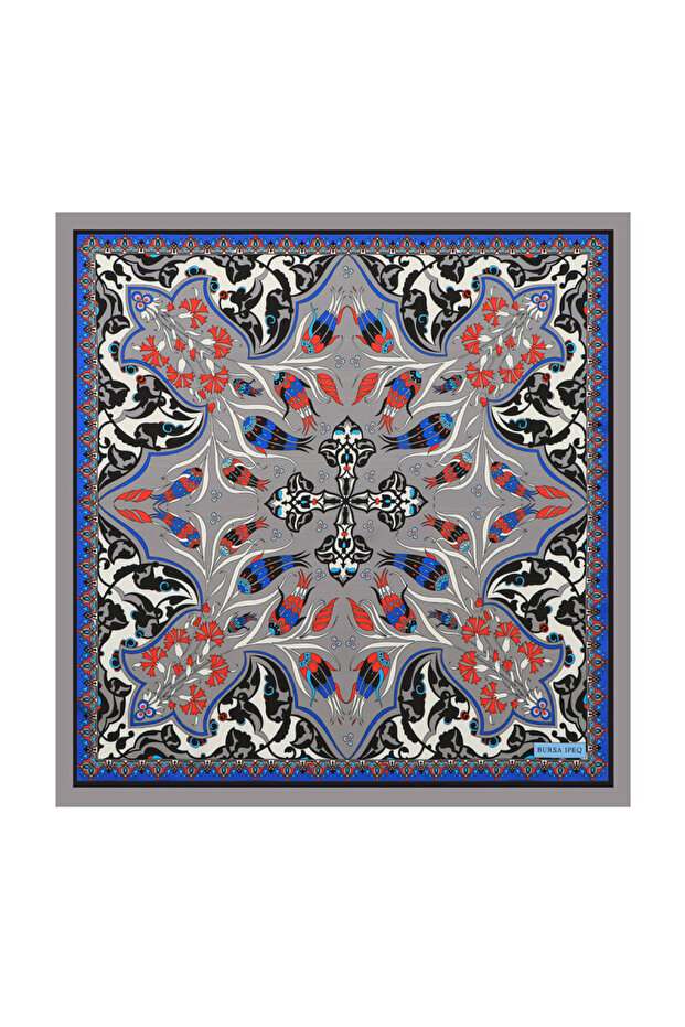 Gray Çintemani Carnation Pattern Silky Handkerchief - 1