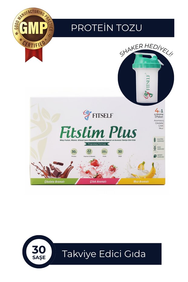 Fitslim Plus Whey Protein Powder 30 Sachets Chocolate Strawberry Banana Flavored + Shaker Gift