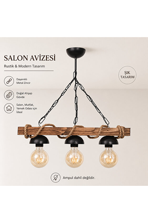 Doğal Ahşap Avize 3 Lü Halatlı Avize Şapkalı Rustik Tasarım - 1