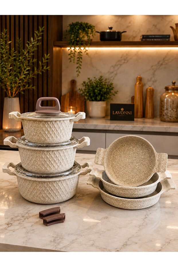 Obsidian Premium 9-Piece Cast Granite Pot and Pan Set 16-18-20 cm Deep Pot + 18-20-22 cm Cappuccino Pan