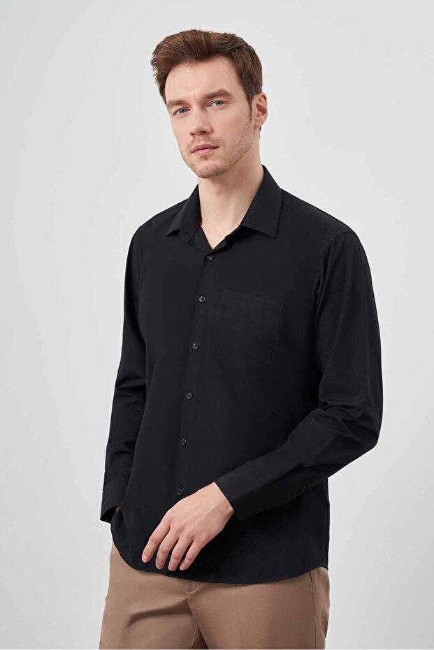 Men's Black Basic Plain Pattern Pocketed Hard Collar Regular Fit Shirt - 2