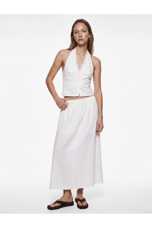 Cotton Halter Neck Lace Detailed Buttoned Sleeveless Crop Blouse