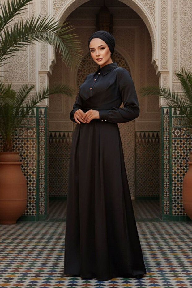 Flounce Black Hijab Evening Dress 4566S