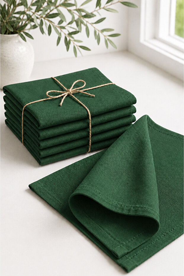 Set of 6 100% Linen Fabric Green Napkins