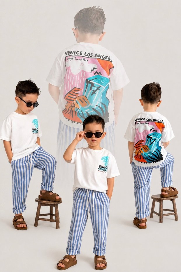 Boy's Printed T-Shirt and Striped Pants 2-Piece Set