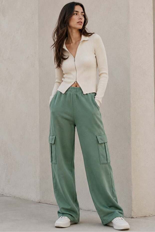 Women's Khaki Green Wide Leg Cargo Pocket Sweatpants Mg1615