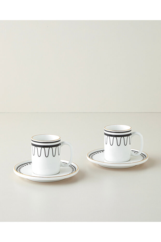 Glowy White Bone Porcelain 4 Piece Coffee Cup Set for 2 People 90 ml Black-White-Gold