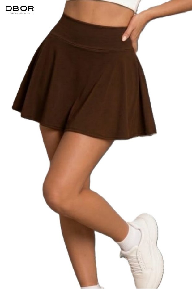 Bitter Brown High Waist Gathering Premium Diving Fabric Chocolate Scuba Mini Flared Shorts Skirt