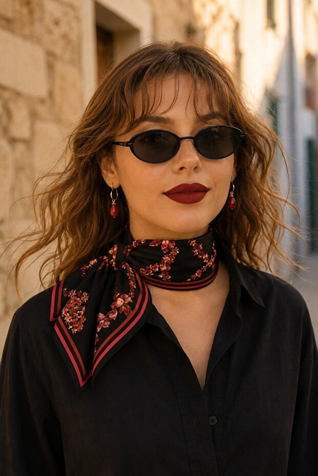 وشاح منقوش باللون الأحمر الداكن