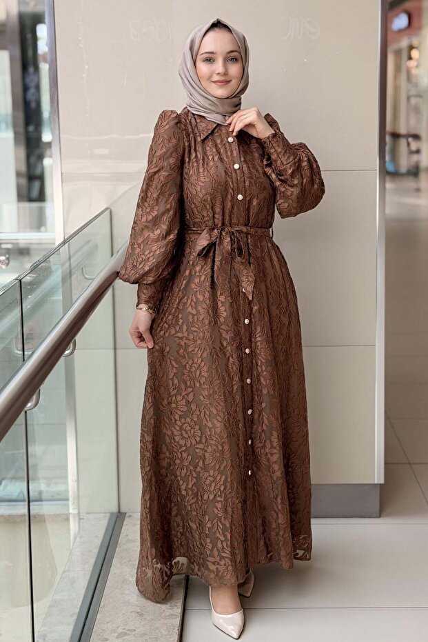 Front Buttoned Belted Burnout Evening Dress