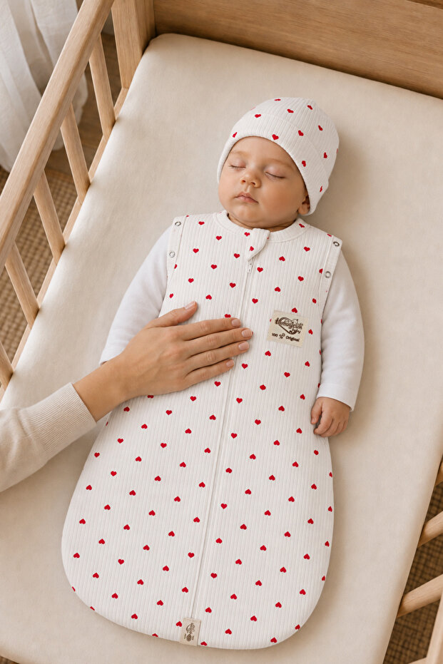 100% Cotton Heart Patterned Baby Sleeping Bag 0-6 Months with Zipper and Snap Fasteners Seasonal Hat Newborn