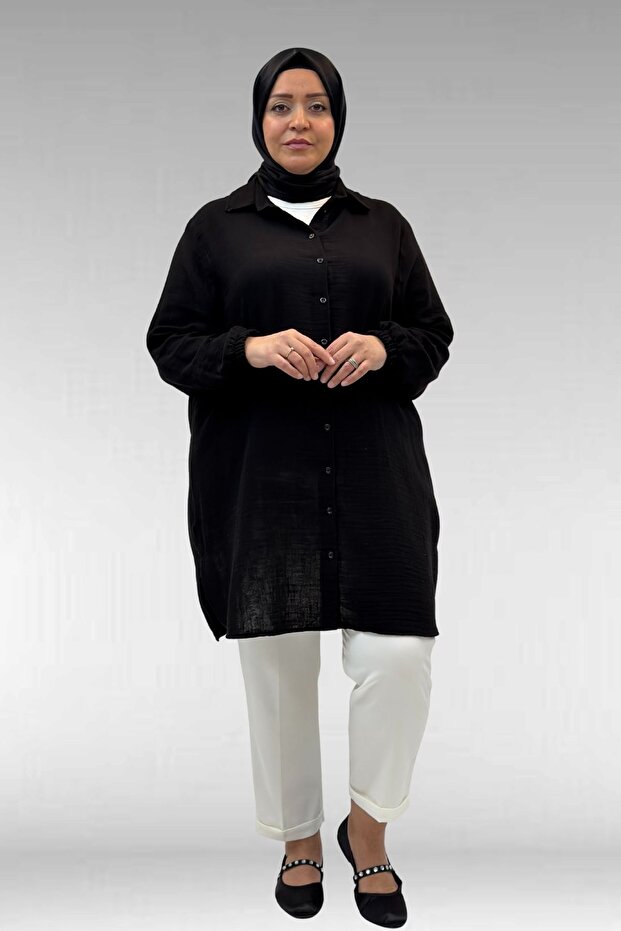 58091 Large Size Muslin Shirt with Elastic Sleeves - Black