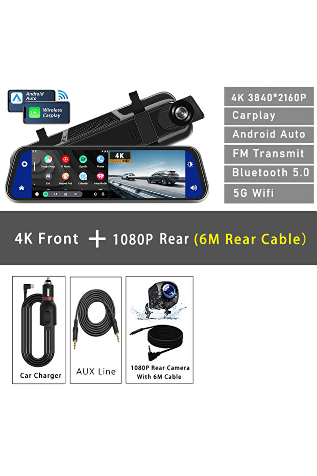 4K-6M 1080P 10" Dash Cam 4K 3840*2160P Car Dvr Carplay Android Auto GPS 5G WIFI AUX Stream RearView