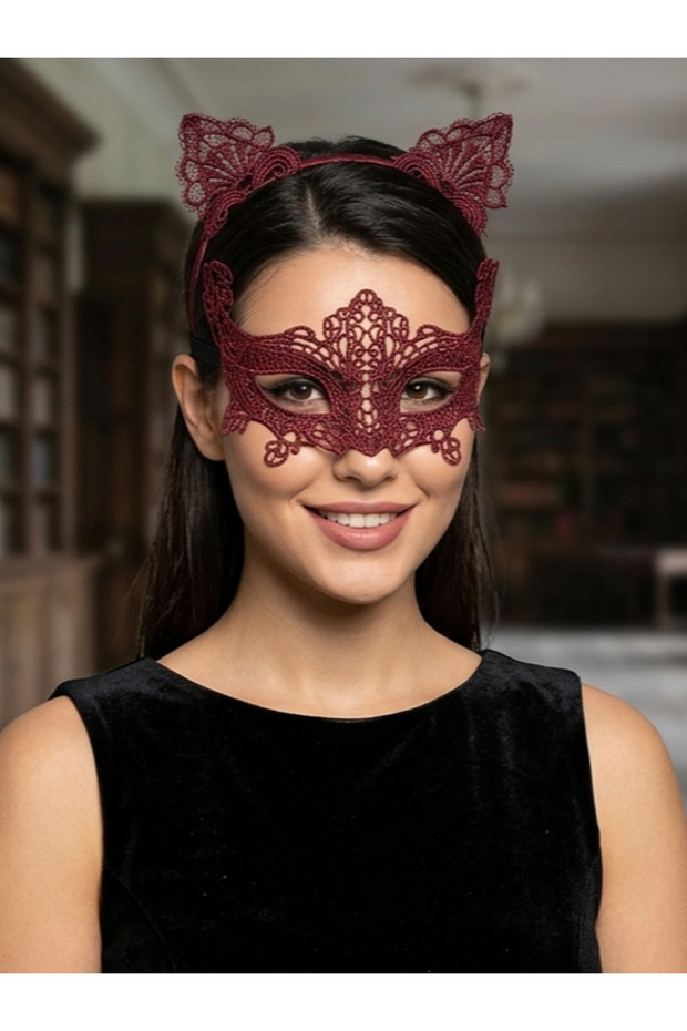 Red and Black Double-Sided Lace Mask and Cat Crown Set