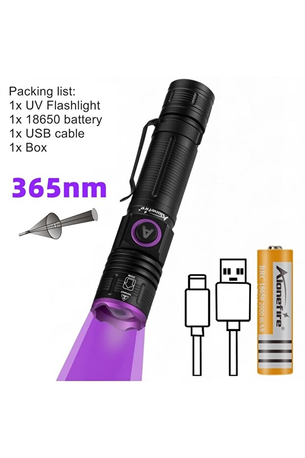 Black 365nm-18650 365/395nm Zoom UV Flashlight USB Rechargeable Ultraviolet Adhesive Curing Torch Ca