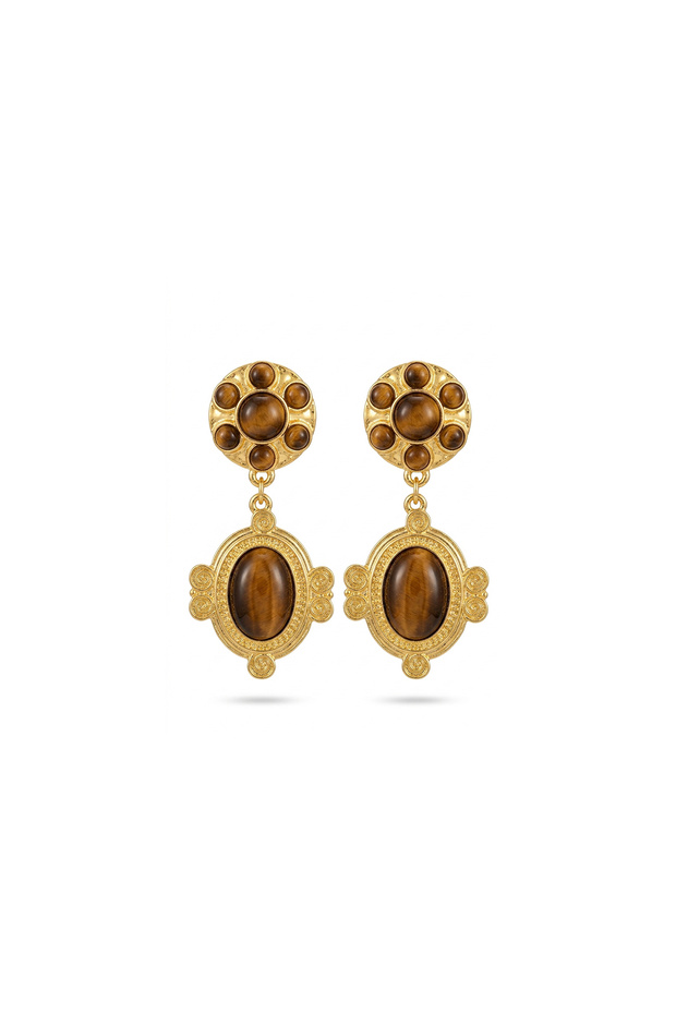 Steel Gold Tiger Eye Vintage Earrings