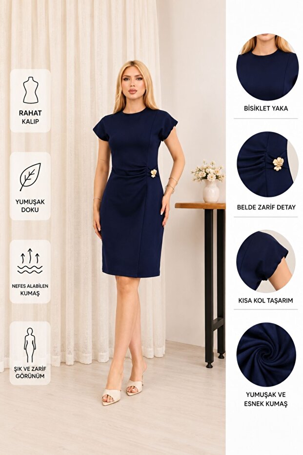 Navy Blue Draped Women's Dress with Gold Accessory Detail
