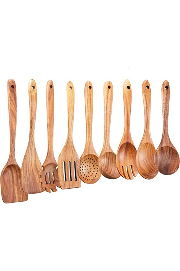 9PCZ 1-10 PC Wooden Cooking Spoons Smooth Teak Wooden Cooking Utensils Non-Stick Wooden Cooking Uten