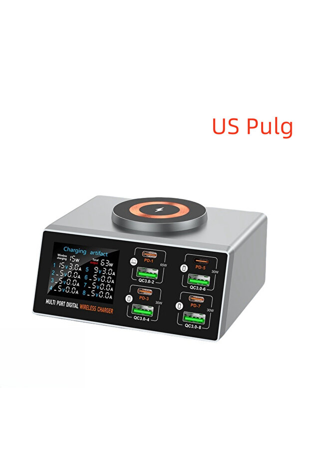 US Pulg 140W Multi-Port Charger with Digital Display, PD+QC, and Desktop Magnetic Wireless Charging