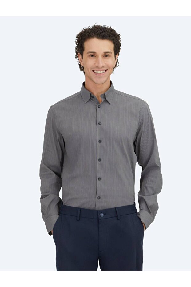 Anthracite Striped Regular Fit Long Woven Sport Cotton Blend Shirt