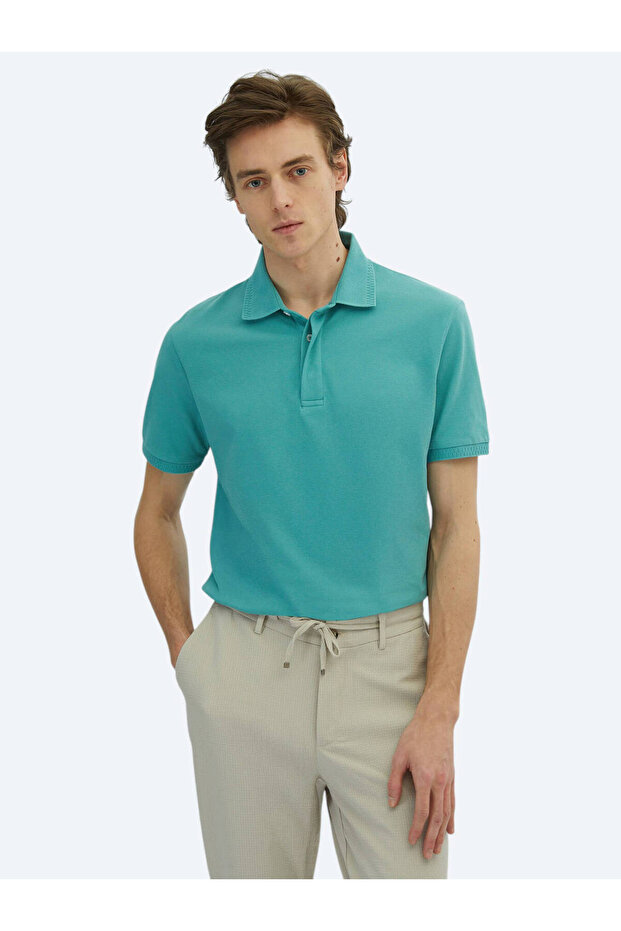 Nile Green Plain Polo Neck 100% Cotton T-Shirt