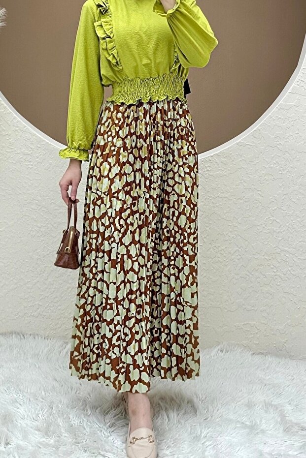 Digital Printed Pleated Skirt -Tan