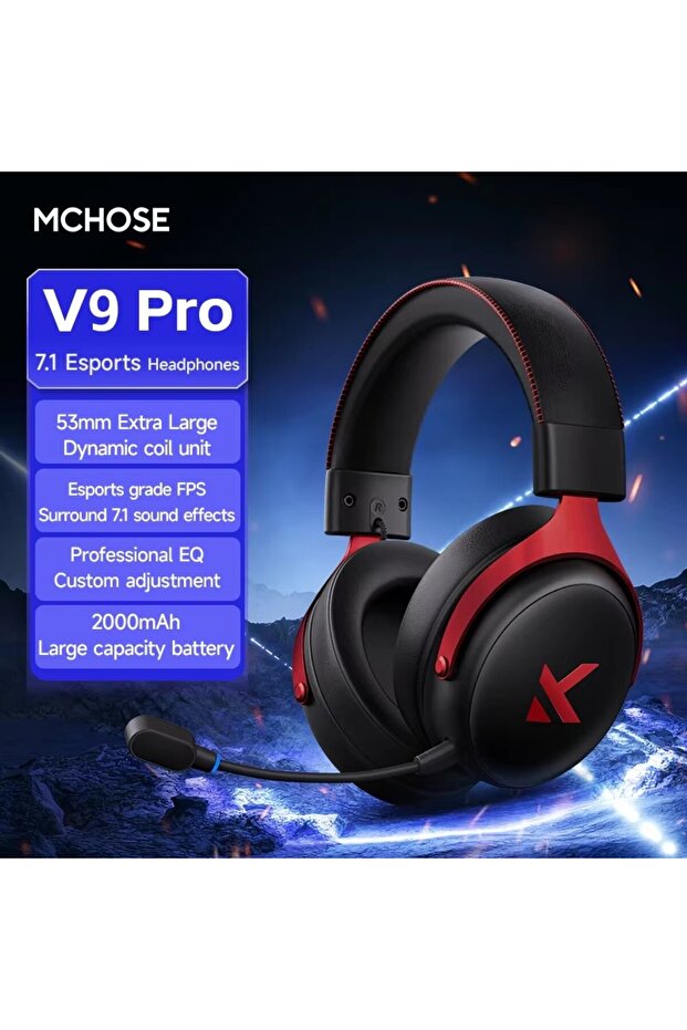 سماعة رأس MCHOSE V9 Pro باللونين الأحمر والأسود مع ميكروفون، تدعم تقنية بلوتوث اللاسلكية بثلاثة أوضاع، مثالية للألعاب على الكمبيوتر الشخصي.