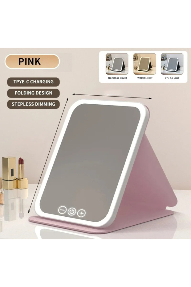 Big Pink GGbingo USB Rechargeable Vanity Mirror with Touch 3 Color LED Lights Dimming Portable Foldi