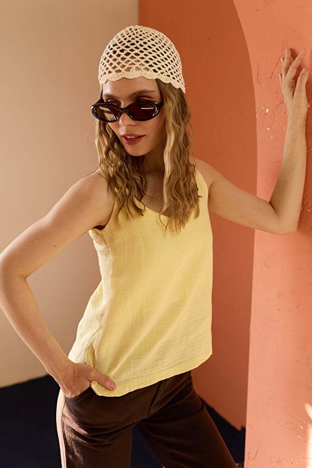 Basic Muslin Fabric Casual Blouse with Rope Straps