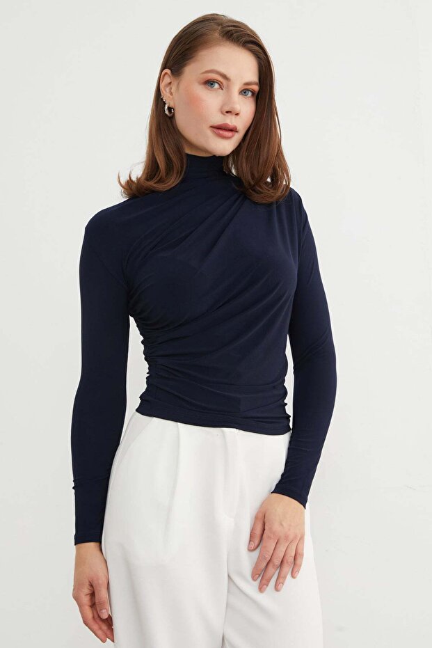 Draped Turtleneck Blouse