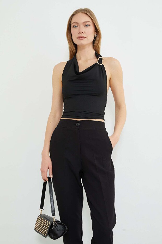 Neck-High Buckle Blouse