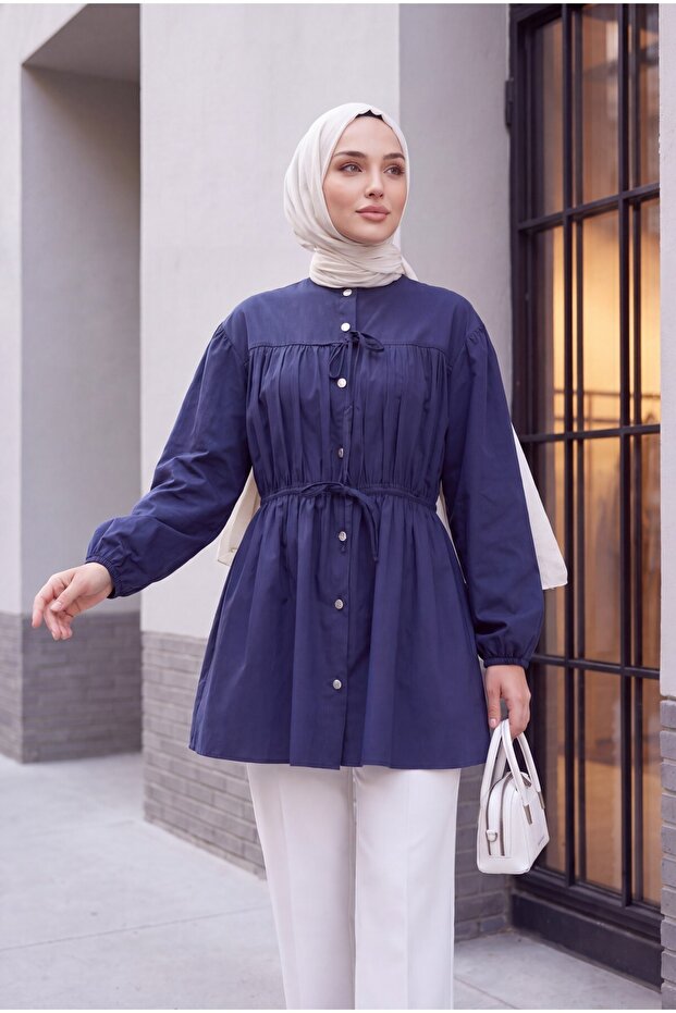 Stone Buttoned Shirt with Elasticized Sleeves and Tie Detail - Navy