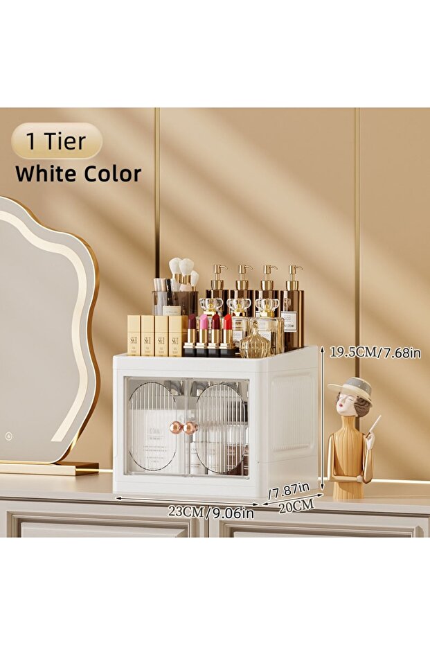 1 Layer White Foldable Desktop Makeup Organizer Multi-Layer Storage Cabinet Large Capacity for Cosme