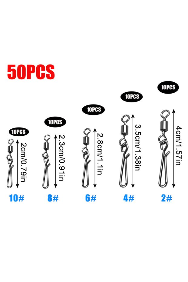 50PCS kit(2-10) Rolling Connector Fishing Swivel Saltwater Corrosion Resistance Snap Swivels Kit Sta