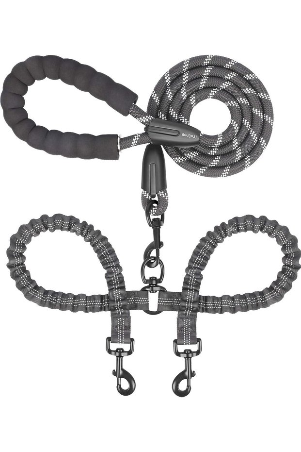black Double Dog Leash, Dual Dog Leash, 360 Swivel Tangle Free Bungee Walking Training Leash for Lar