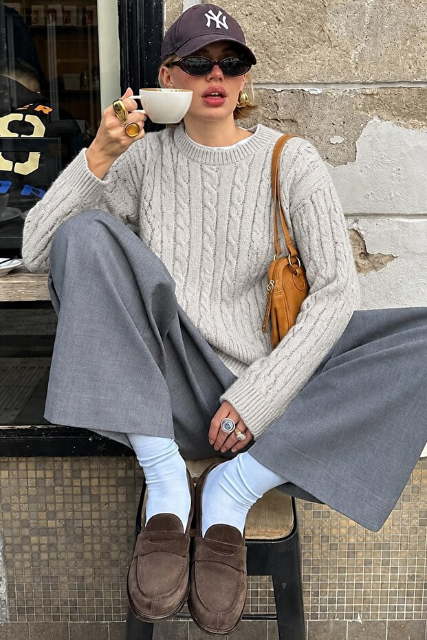Beige Crew Neck Braided Knitwear Sweater Mg2336