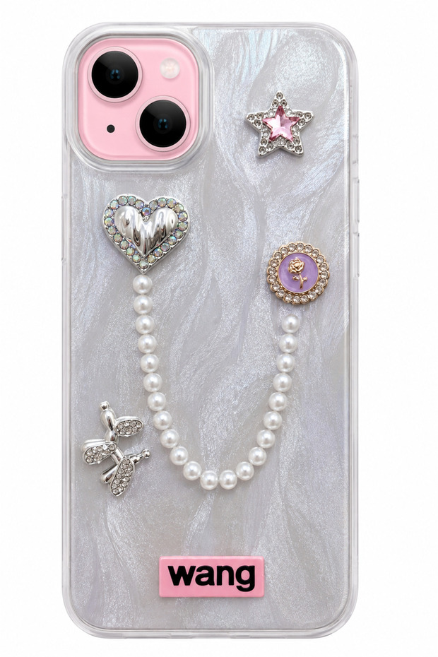 iPhone 15 Stone Case with Pearl Necklace Detail, Marbling Effect, 3D Heart and Motif Charm Cover
