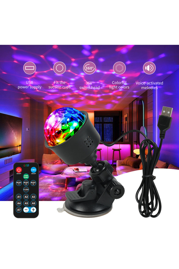 مجموعة إضاءة مسرح LED RGB دوارة للديسكو مع كرة دوارة وتحكم بالصوت للرقص والسيارات وهدايا عيد الميلاد