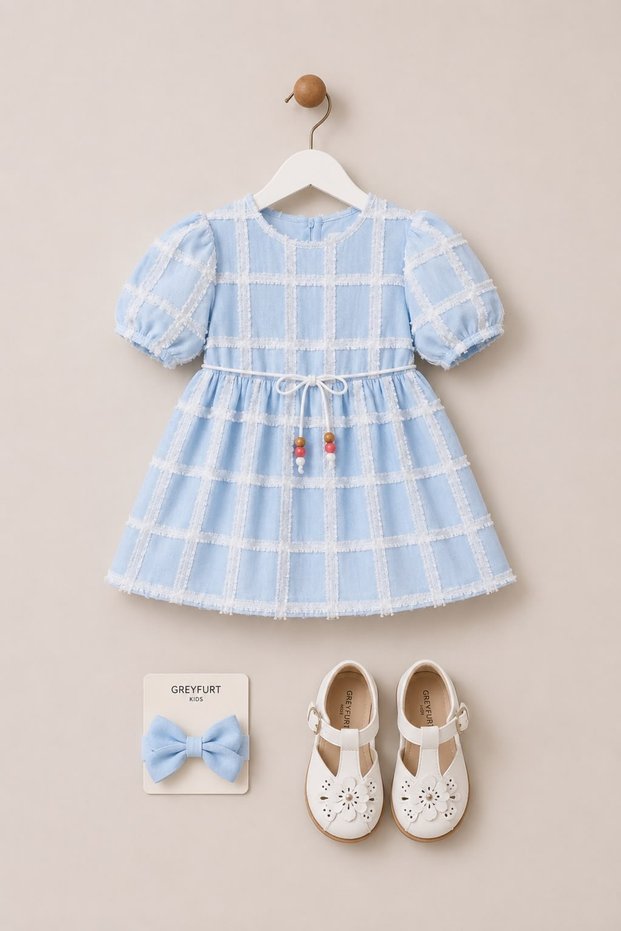 Girls' Square Patterned Tassel Embroidered Dress