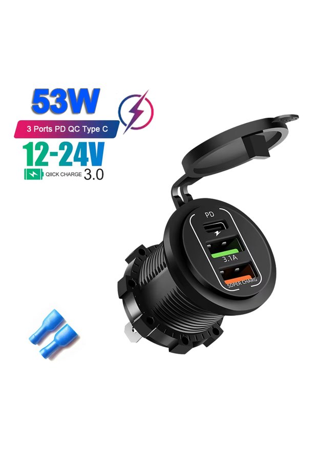 3 Ports 53W Car Charger Socket Dual Type-C & Dual USB 4Ports Fast Charging Socket Waterproof with Vo