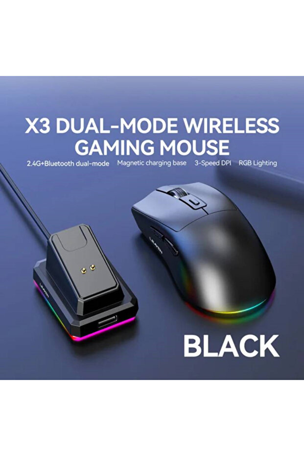 ماوس لاسلكي أسود X3 ثنائي الوضع 2.4G+بلوتوث مع قاعدة شحن، قابل لتعديل DPI، إضاءة RGB، تصميم مريح