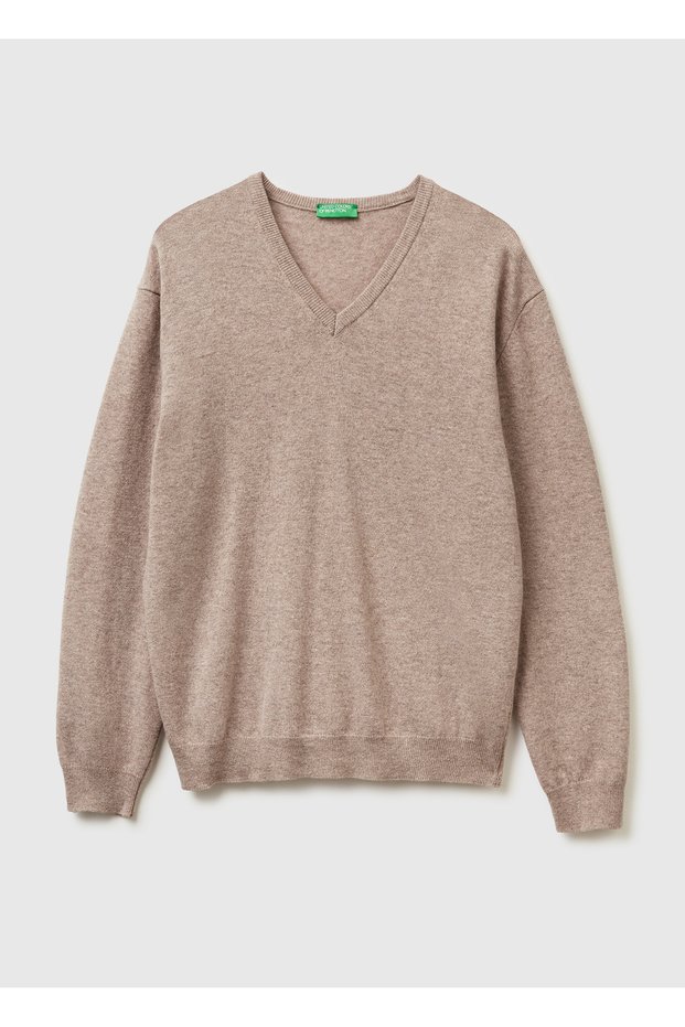Men's Beige Melange V-Neck 100% Merino Sweater