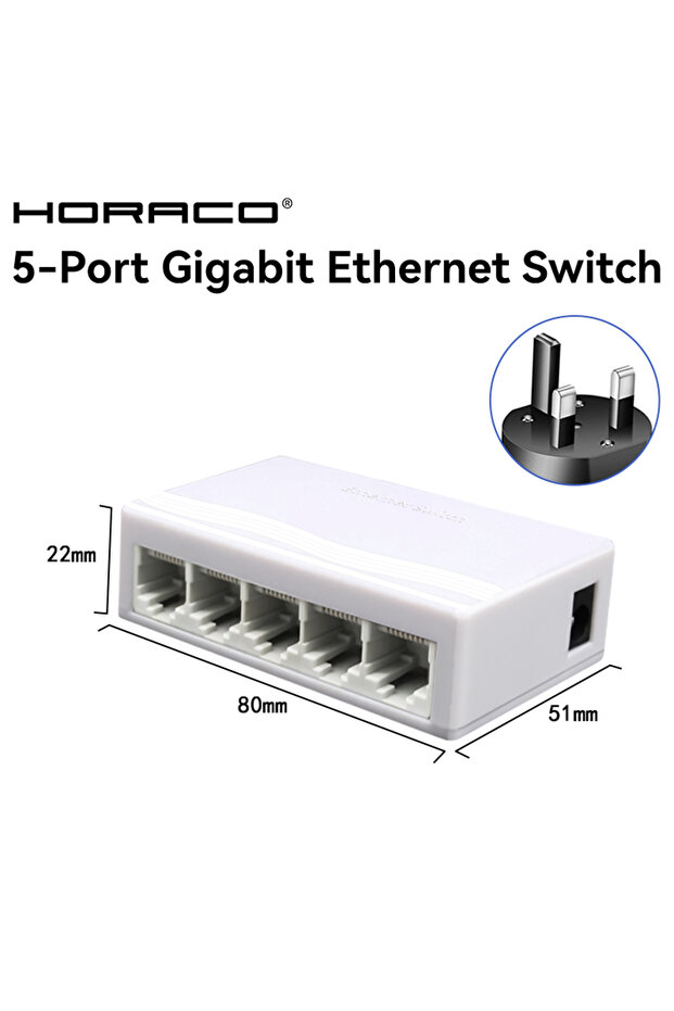 UK Adapter HORACO 5 Port Gigabit Network Switch Unmanaged 1000M Mini Switch Desktop Plug and Play Et