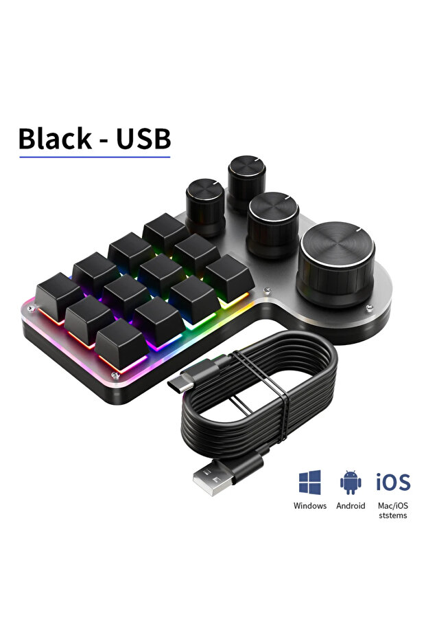 لوحة مفاتيح ميكانيكية بأسلاك سوداء USB بثلاثة أوضاع و12 مفتاحًا و4 مقابض، قابلة للبرمجة حسب الطلب، مناسبة للألعاب.