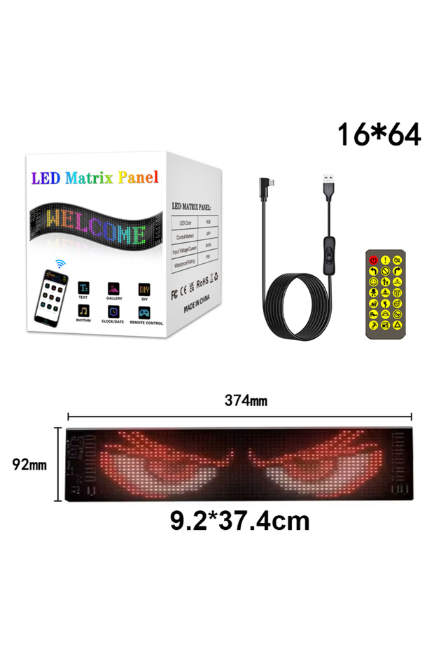 لوحة عرض إعلانية ذكية بتقنية LED، مقاس 9×37 سم، 16×64 بكسل، تدعم التحكم عبر تطبيق بلوتوث أو منفذ USB.