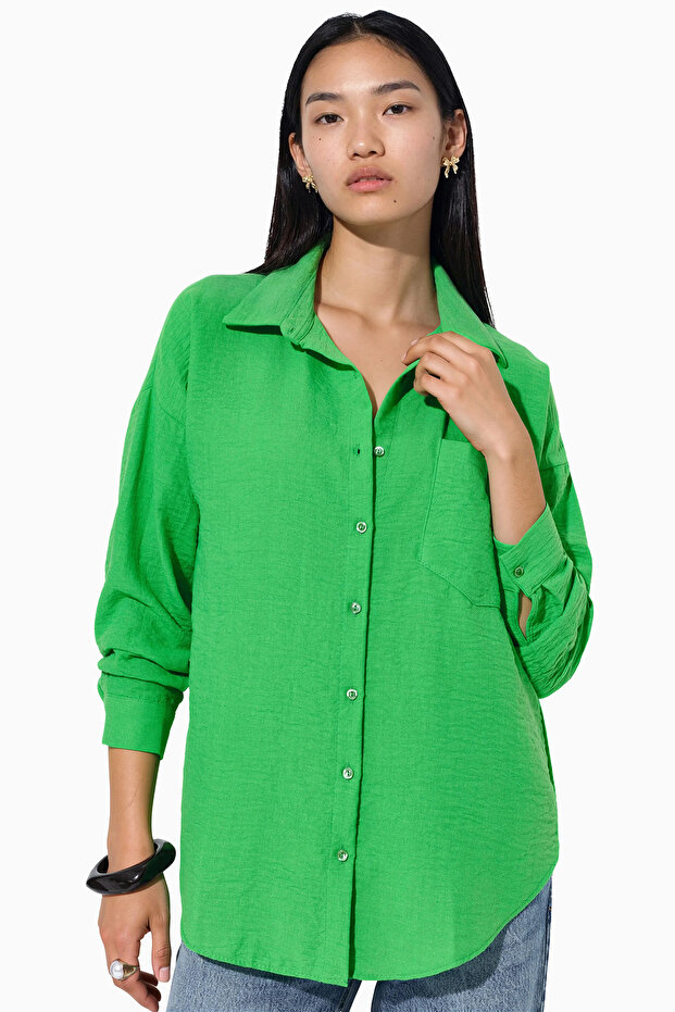 Women's Single Pocket Oversize Linen Shirt Green 1073