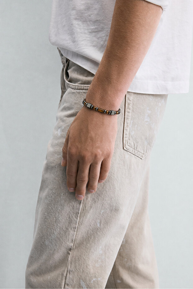 Tiger's Eye Natural Stone Men's Bracelet – Adjustable Macrame Bracelet with Hematite Detail