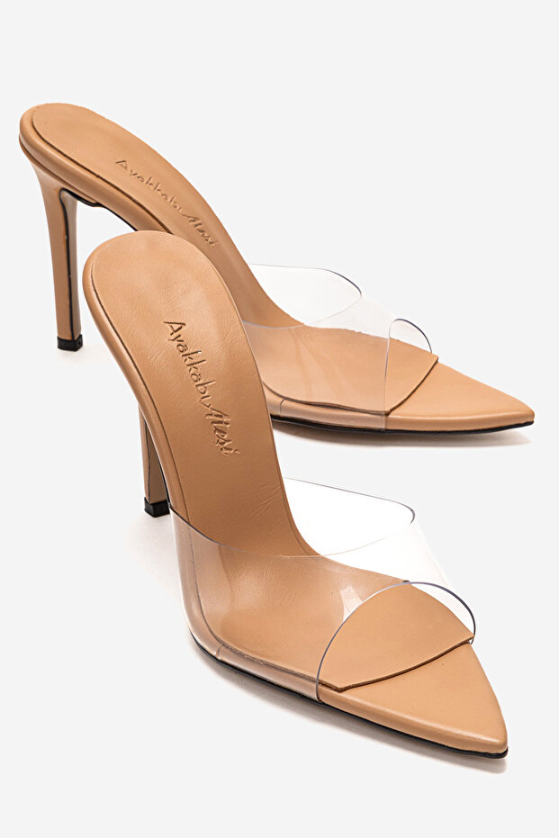 Women's Pointed Toe Thin Heeled Transparent Strap Slippers Sona Nude Skin