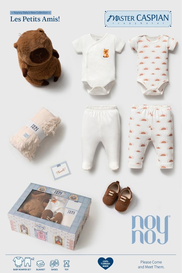 Noynoy Kapibara 7 Piece Newborn Baby Gift Set – Bodysuit, Pants, Blanket, Booties and Toy Set